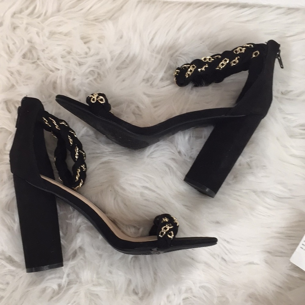 Qupid Sexy Black Braided Chain Accent Chunky Heels - Picture 12 of 16